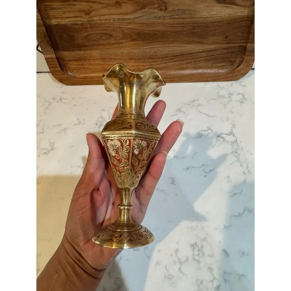 vintage Indian brass bud vase hand-engraved floral motifs red enamel detailing